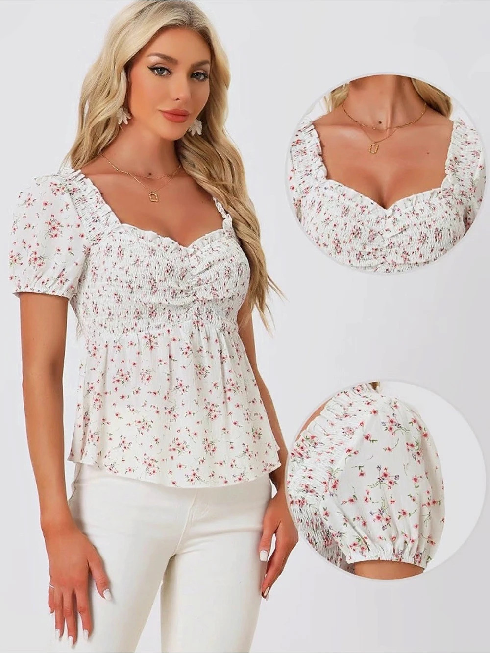 Allegra K Women's Floral Sweetheart Neck Smocked Short Puff Sleeve Peplum Top XL